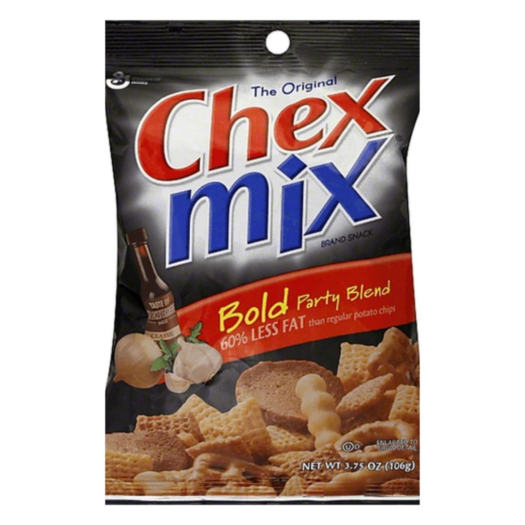 A package of CHEX MIX PARTY BLEND chips with a label stating 'The Original Chex Mix' and 'Bold Fat-Free'. The package is predominantly black and blue with images of the chips and a bottle of beer in the background.